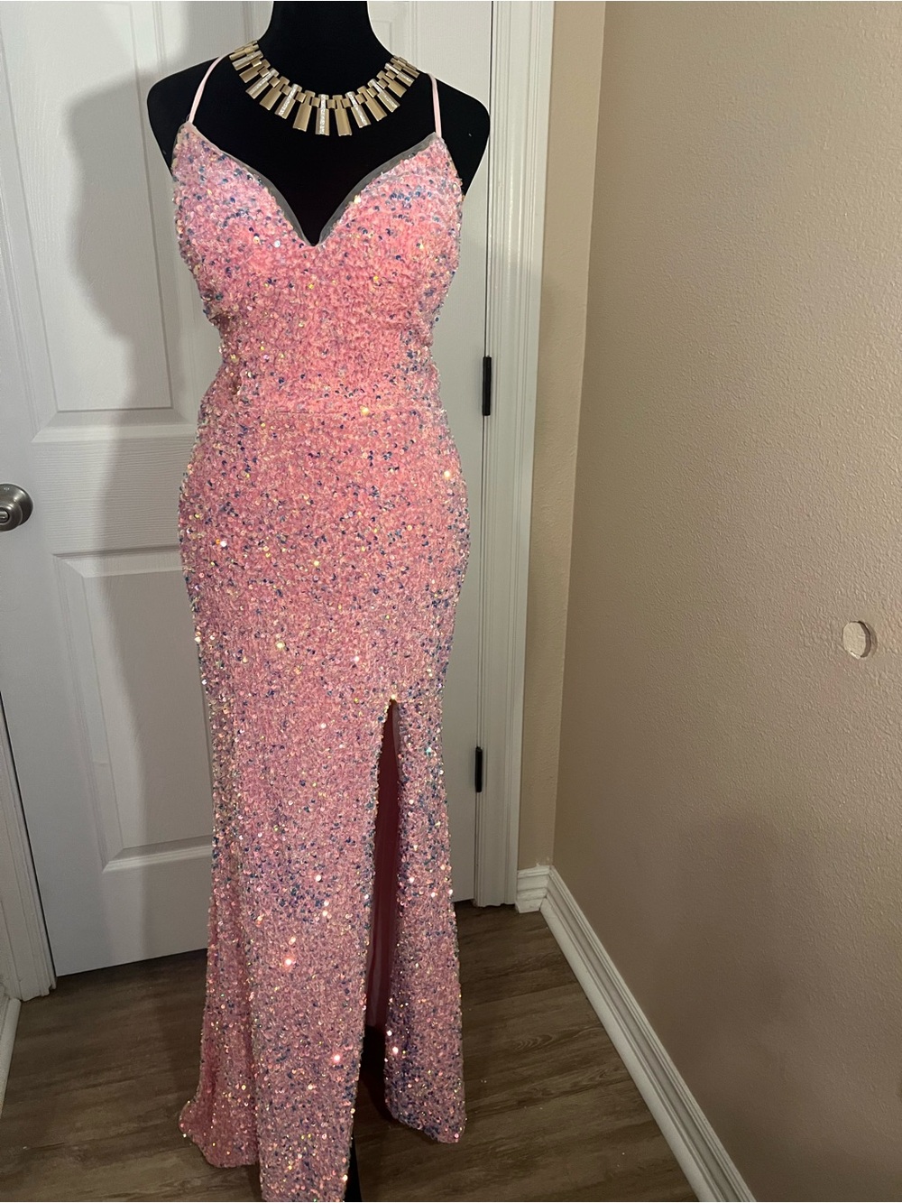 Pink sequin maxi wedding guest prom dress